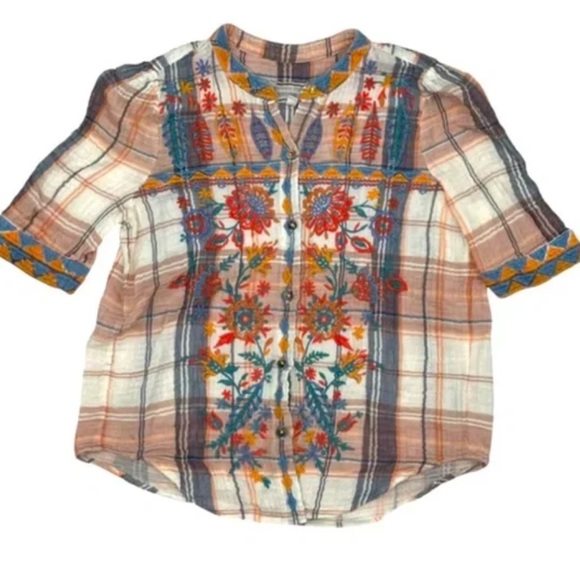 Johnny Was Tops - Johnny was plaid heavily embroidered button up floral casual boho cotton winter